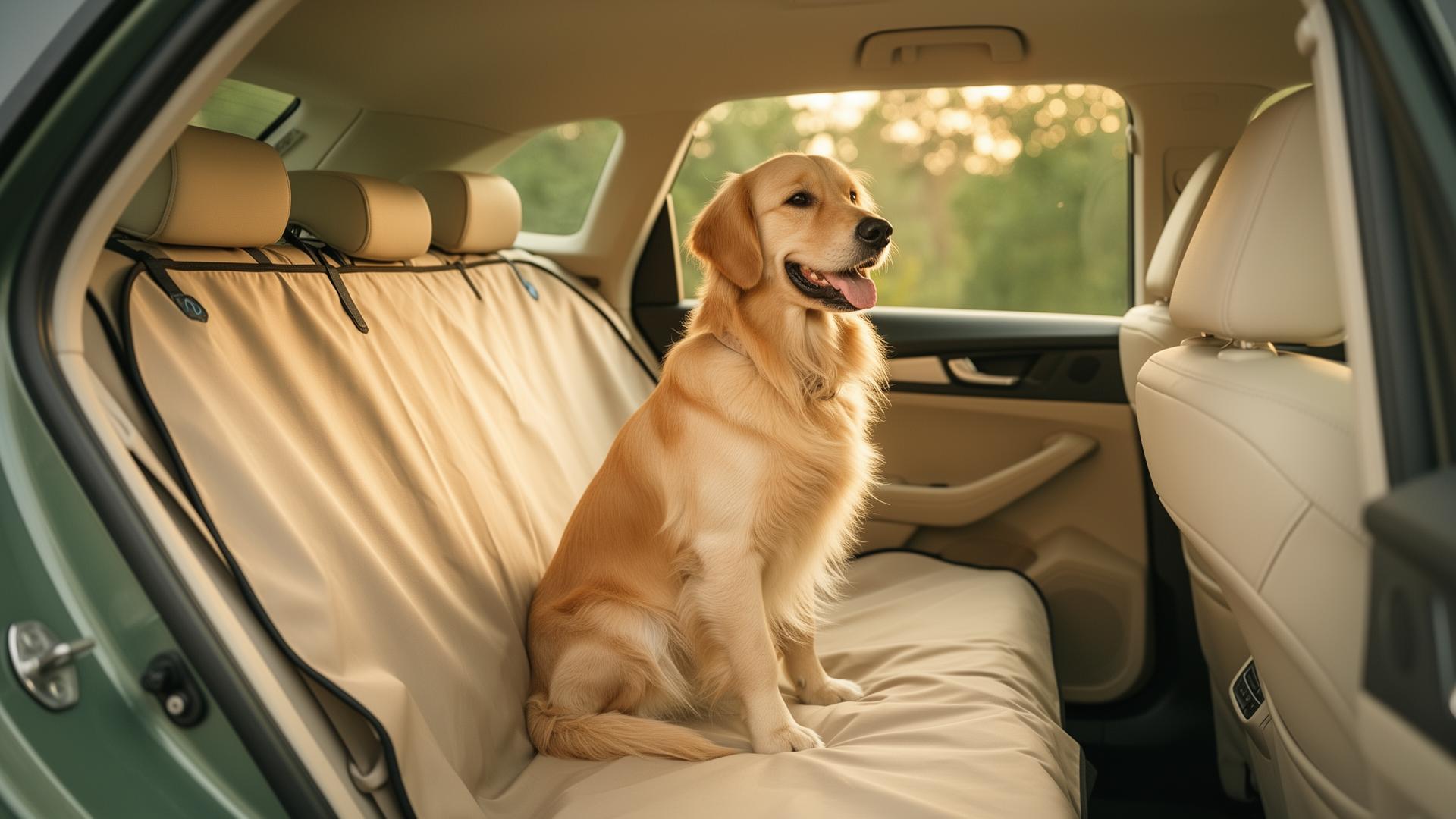 Glücklicher Hund auf Autofellschutz-Schondecke im Auto